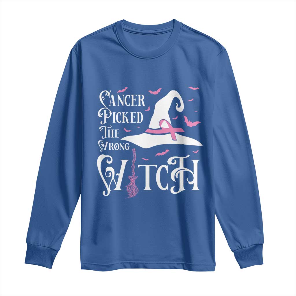 Breast Cancer Support Long Sleeve Shirt Cancer Picked The Wrong Witch Hat Broom Bat Pink Ribbon