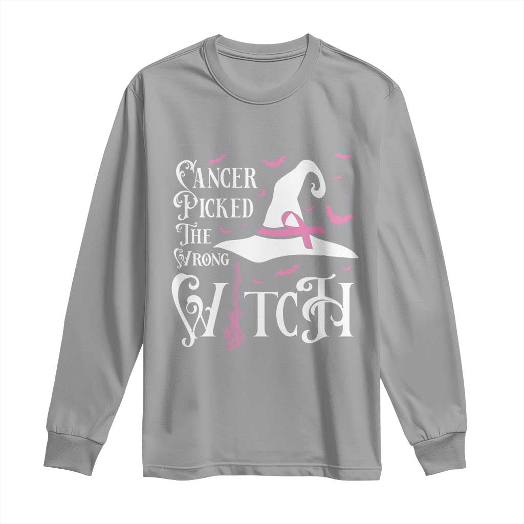 Breast Cancer Support Long Sleeve Shirt Cancer Picked The Wrong Witch Hat Broom Bat Pink Ribbon