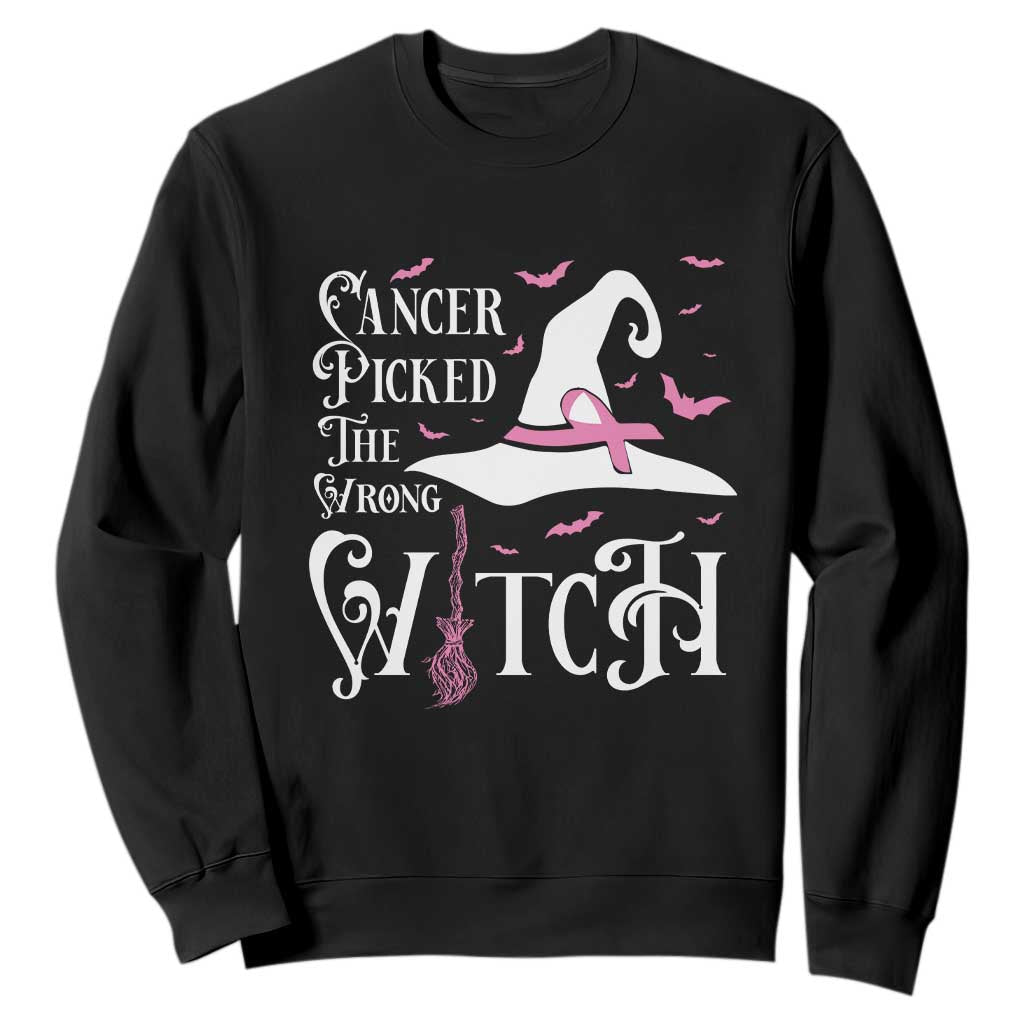 Breast Cancer Support Sweatshirt Cancer Picked The Wrong Witch Hat Broom Bat Pink Ribbon