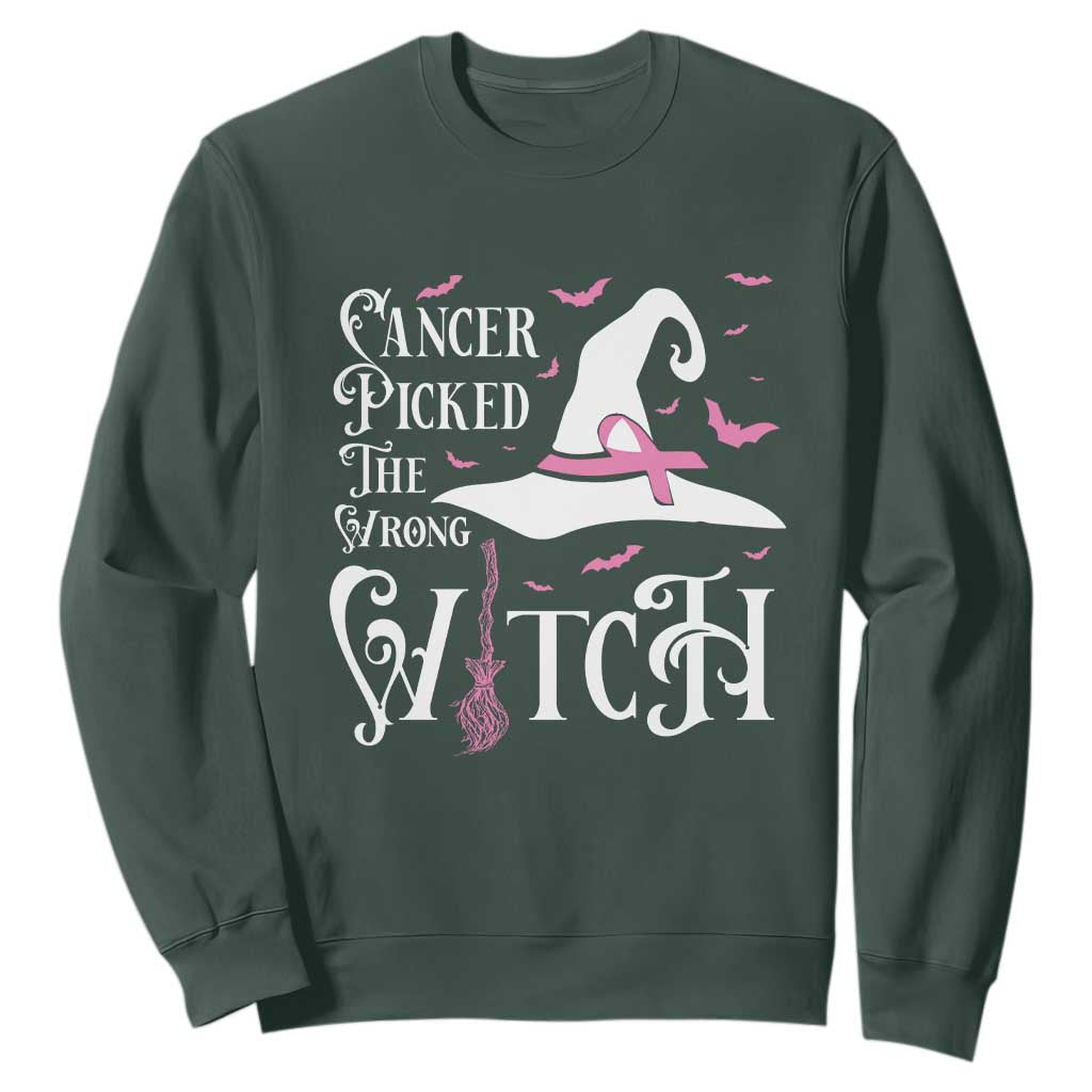 Breast Cancer Support Sweatshirt Cancer Picked The Wrong Witch Hat Broom Bat Pink Ribbon