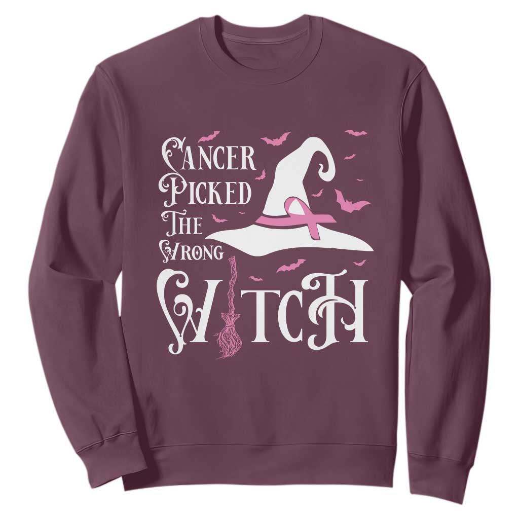 Breast Cancer Support Sweatshirt Cancer Picked The Wrong Witch Hat Broom Bat Pink Ribbon