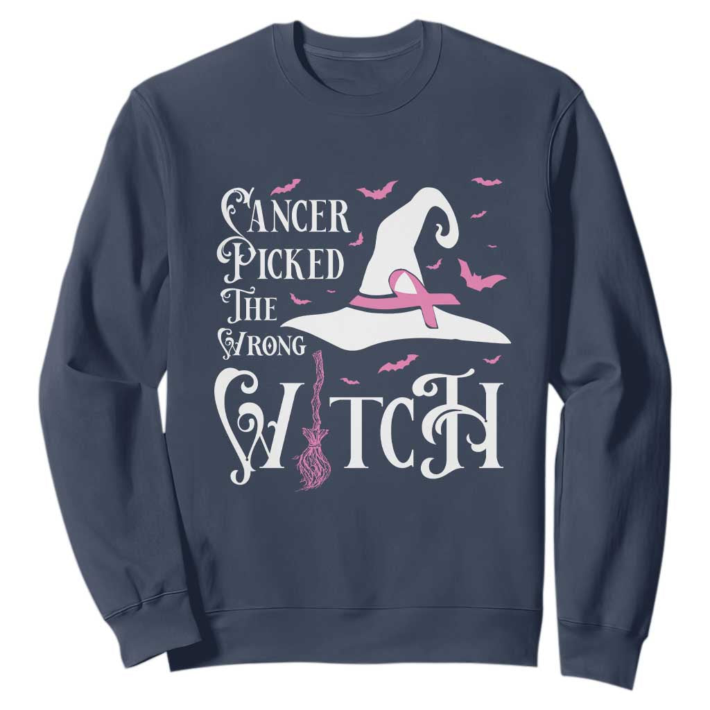 Breast Cancer Support Sweatshirt Cancer Picked The Wrong Witch Hat Broom Bat Pink Ribbon