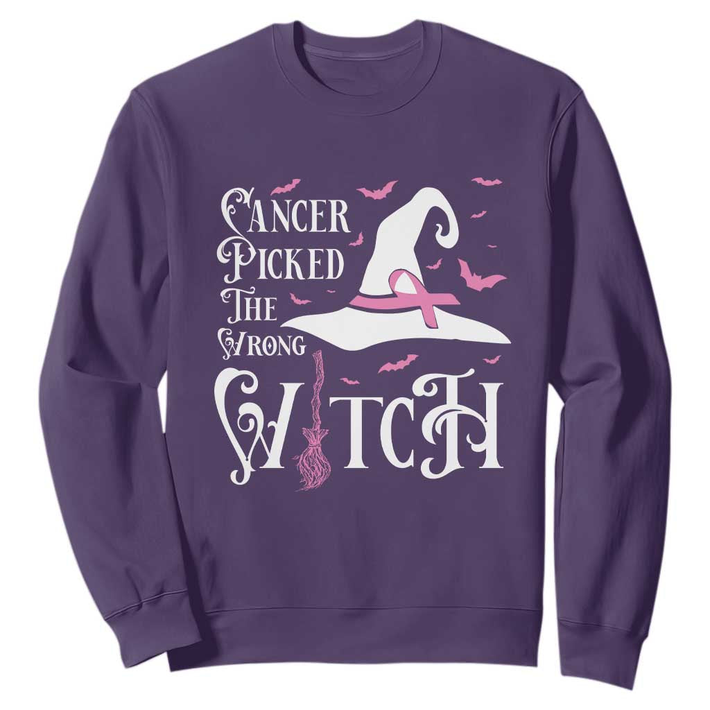Breast Cancer Support Sweatshirt Cancer Picked The Wrong Witch Hat Broom Bat Pink Ribbon