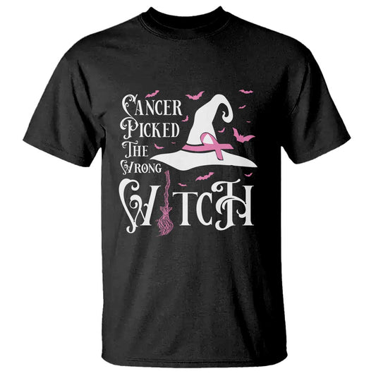 Breast Cancer Support T Shirt Cancer Picked The Wrong Witch Hat Broom Bat Pink Ribbon