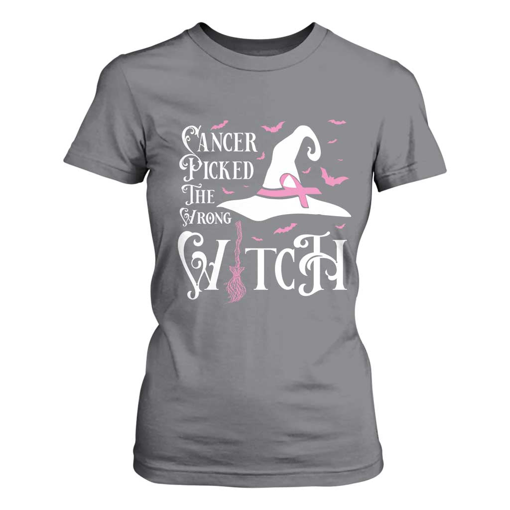 Breast Cancer Support T Shirt For Women Cancer Picked The Wrong Witch Hat Broom Bat Pink Ribbon