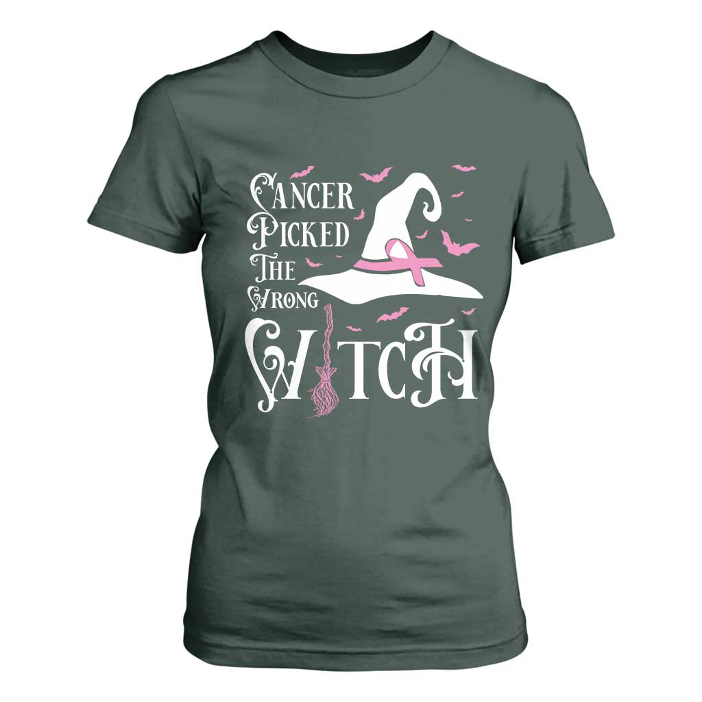 Breast Cancer Support T Shirt For Women Cancer Picked The Wrong Witch Hat Broom Bat Pink Ribbon