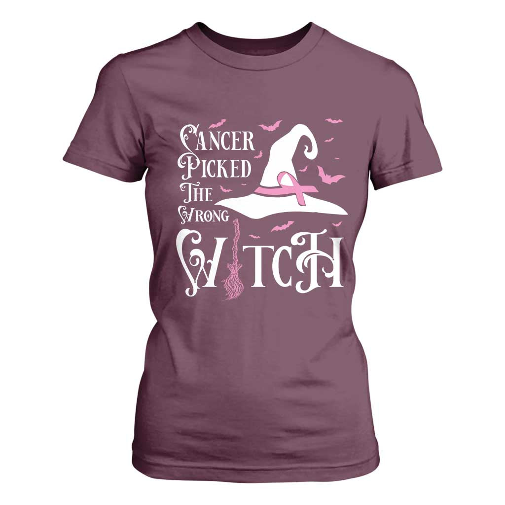 Breast Cancer Support T Shirt For Women Cancer Picked The Wrong Witch Hat Broom Bat Pink Ribbon