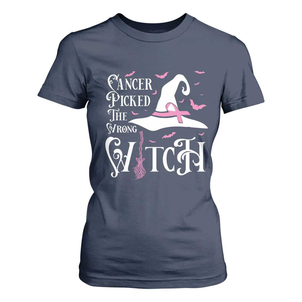 Breast Cancer Support T Shirt For Women Cancer Picked The Wrong Witch Hat Broom Bat Pink Ribbon