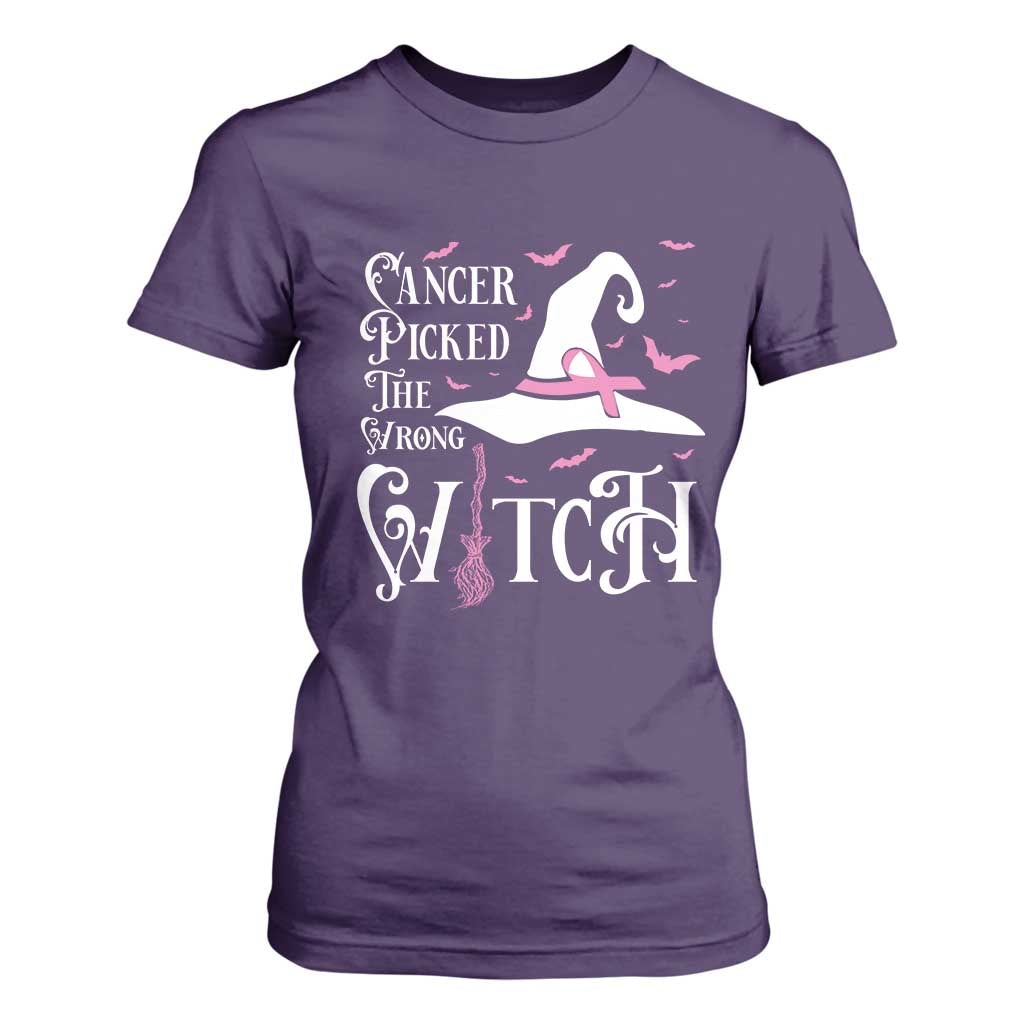 Breast Cancer Support T Shirt For Women Cancer Picked The Wrong Witch Hat Broom Bat Pink Ribbon