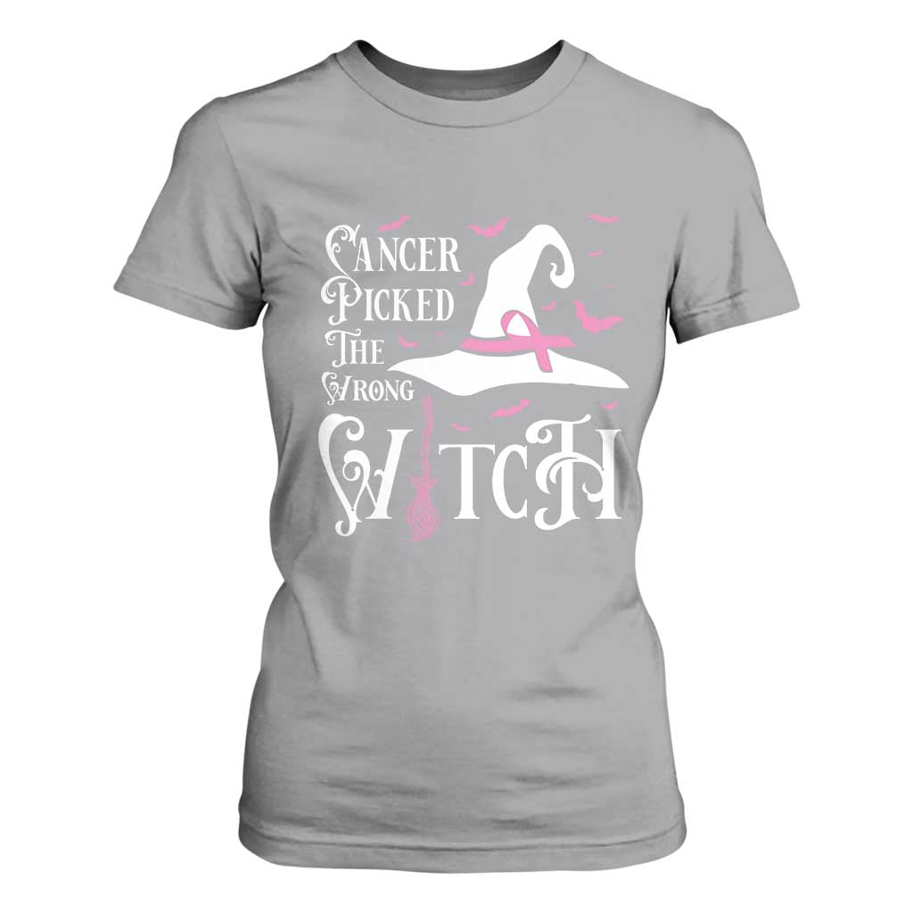 Breast Cancer Support T Shirt For Women Cancer Picked The Wrong Witch Hat Broom Bat Pink Ribbon