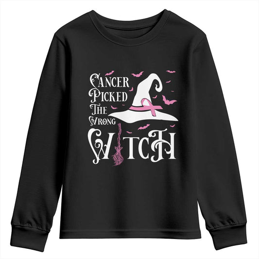 Breast Cancer Support Youth Sweatshirt Cancer Picked The Wrong Witch Hat Broom Bat Pink Ribbon