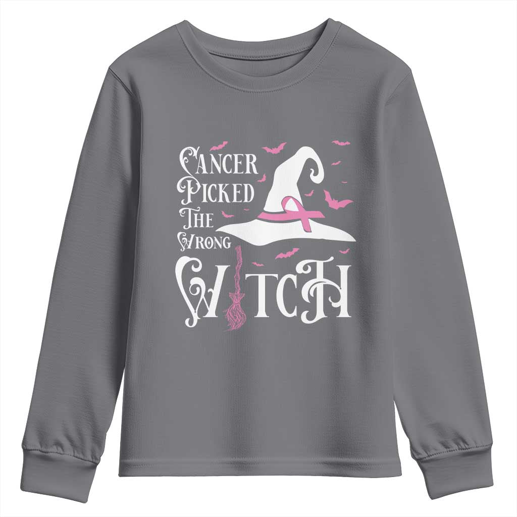 Breast Cancer Support Youth Sweatshirt Cancer Picked The Wrong Witch Hat Broom Bat Pink Ribbon