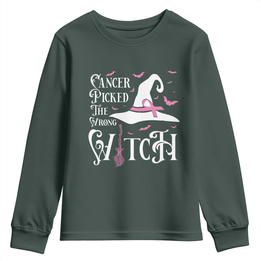 Breast Cancer Support Youth Sweatshirt Cancer Picked The Wrong Witch Hat Broom Bat Pink Ribbon