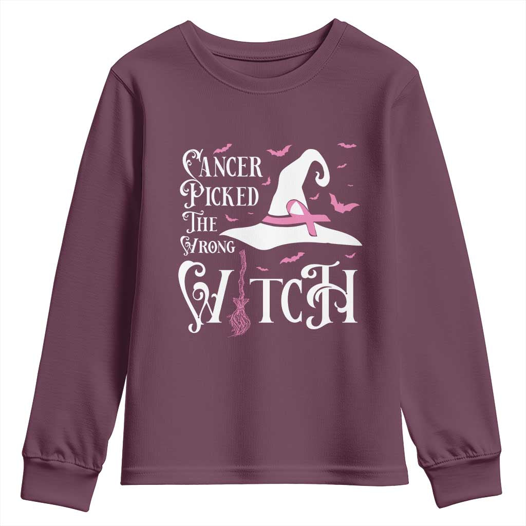 Breast Cancer Support Youth Sweatshirt Cancer Picked The Wrong Witch Hat Broom Bat Pink Ribbon