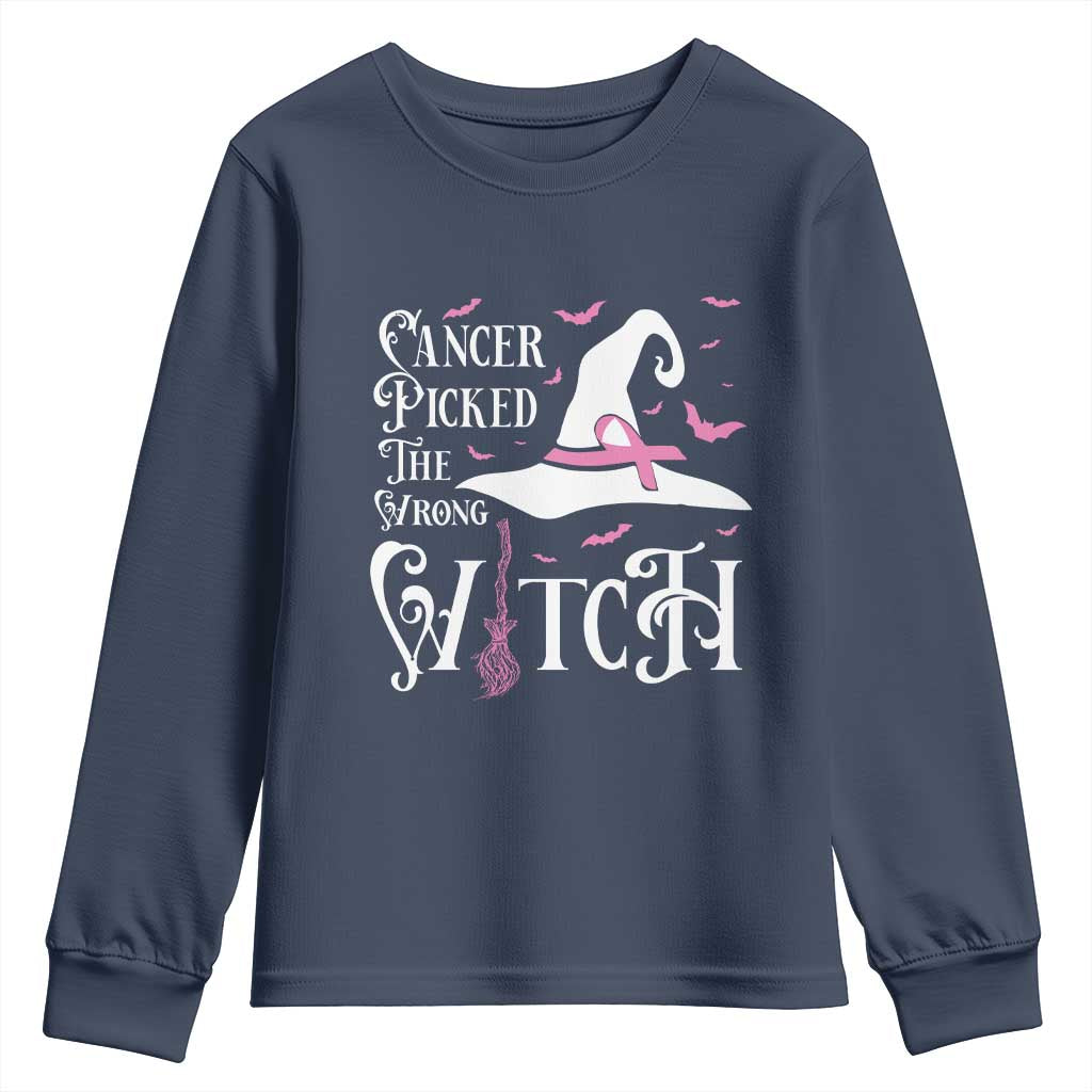 Breast Cancer Support Youth Sweatshirt Cancer Picked The Wrong Witch Hat Broom Bat Pink Ribbon