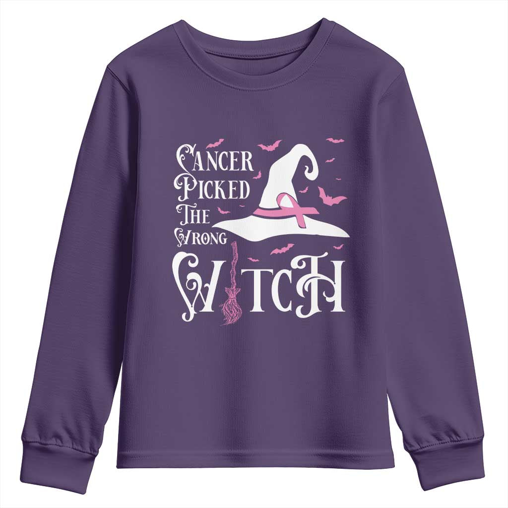Breast Cancer Support Youth Sweatshirt Cancer Picked The Wrong Witch Hat Broom Bat Pink Ribbon