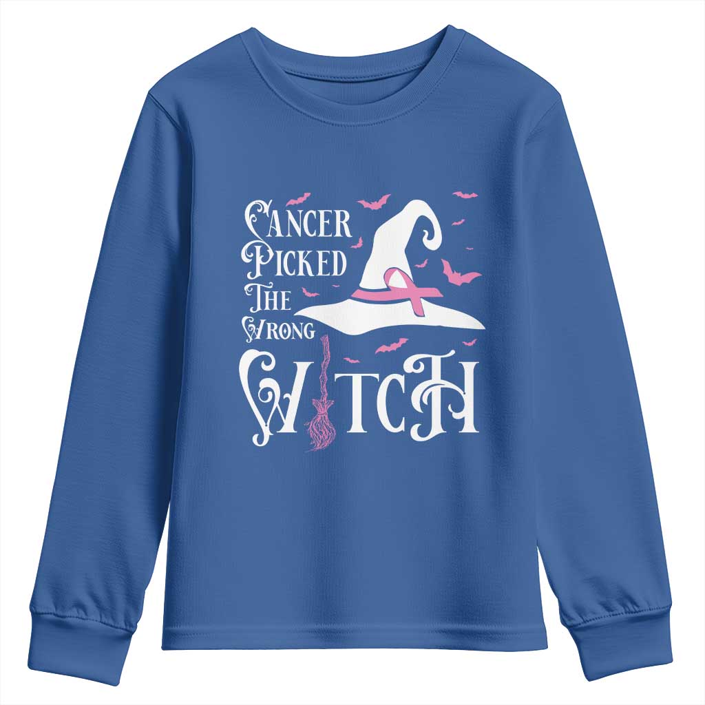 Breast Cancer Support Youth Sweatshirt Cancer Picked The Wrong Witch Hat Broom Bat Pink Ribbon
