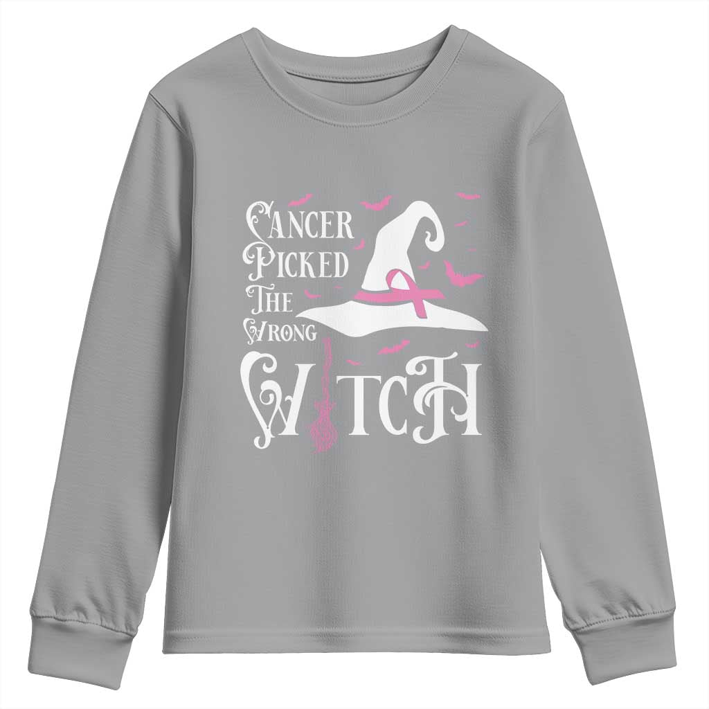 Breast Cancer Support Youth Sweatshirt Cancer Picked The Wrong Witch Hat Broom Bat Pink Ribbon