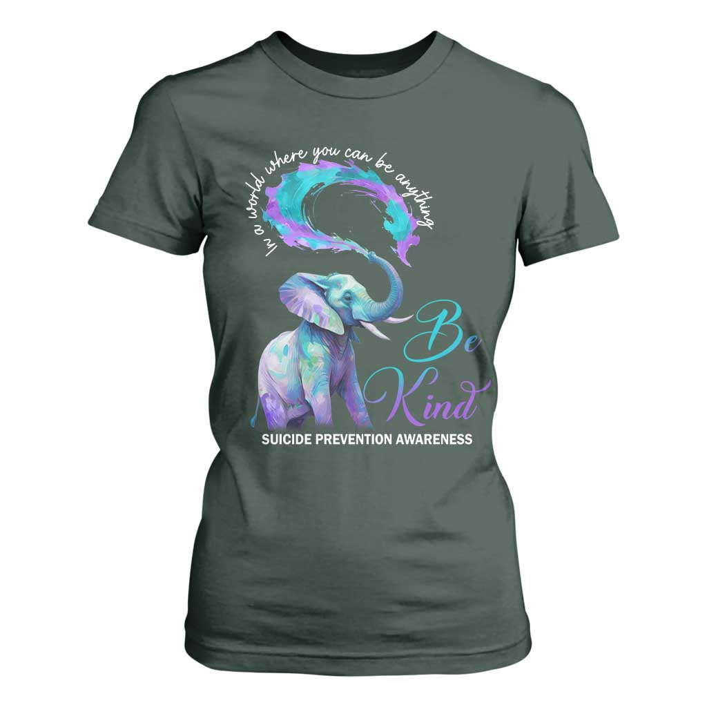 Suicide Prevention Support T Shirt For Women In A World Where You Can Be Anything Be Kind Elephant
