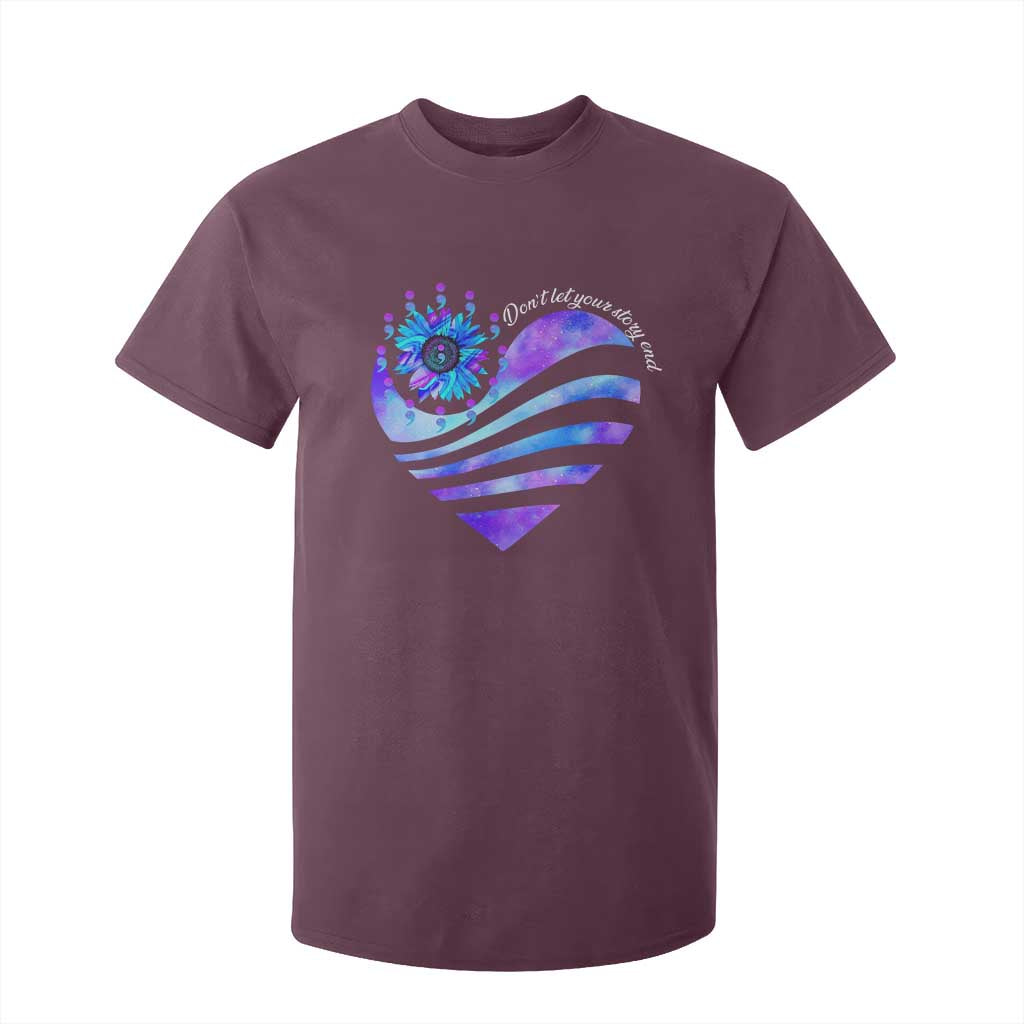 Suicide Prevention Support T Shirt For Kid Don't Let Your Story End Heart Semicolon Sunflower