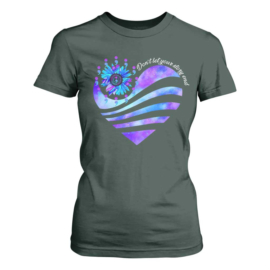 Suicide Prevention Support T Shirt For Women Don't Let Your Story End Heart Semicolon Sunflower