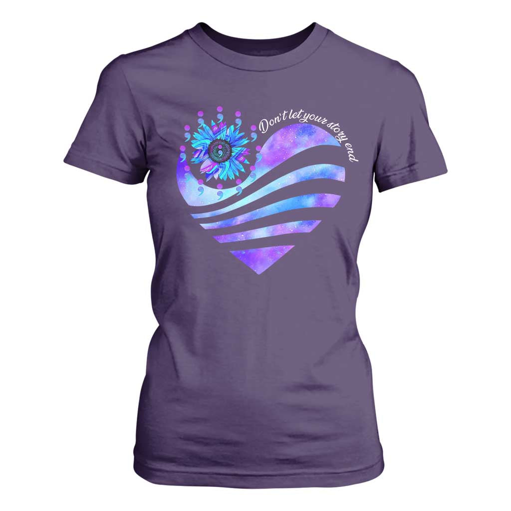 Suicide Prevention Support T Shirt For Women Don't Let Your Story End Heart Semicolon Sunflower
