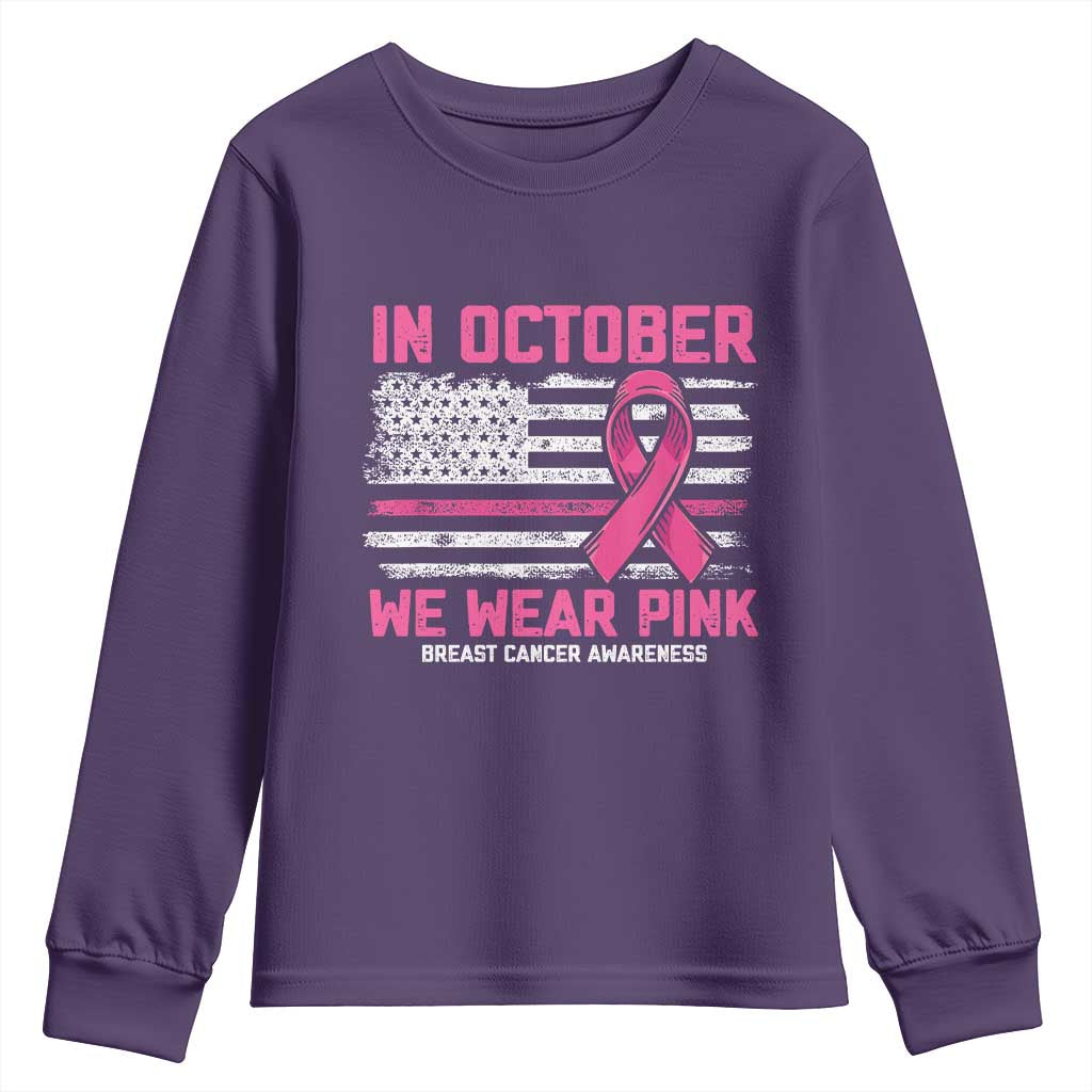 Breast Support Awareness In October We Wear Pink Youth Sweatshirt Distressed American Flag