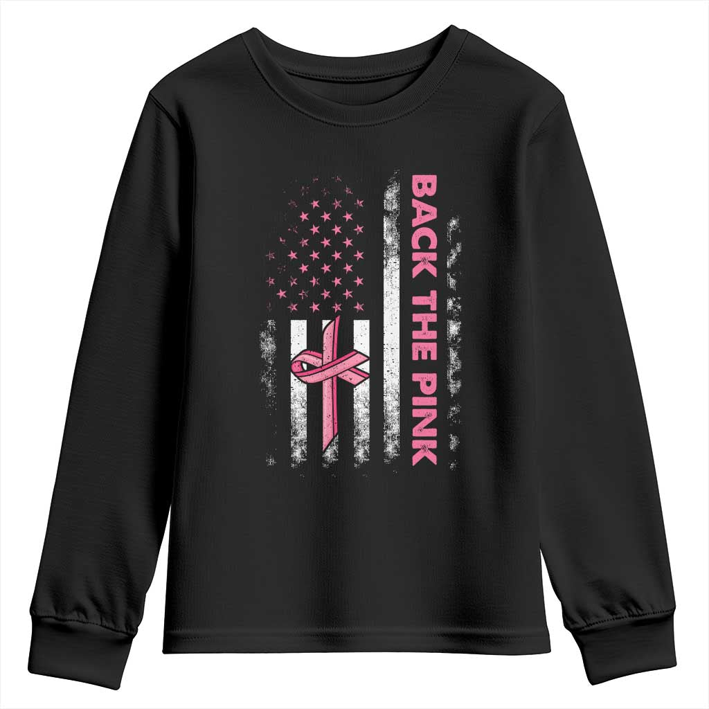 Breast Cancer Support Youth Sweatshirt Back The Pink Warrior American Flag