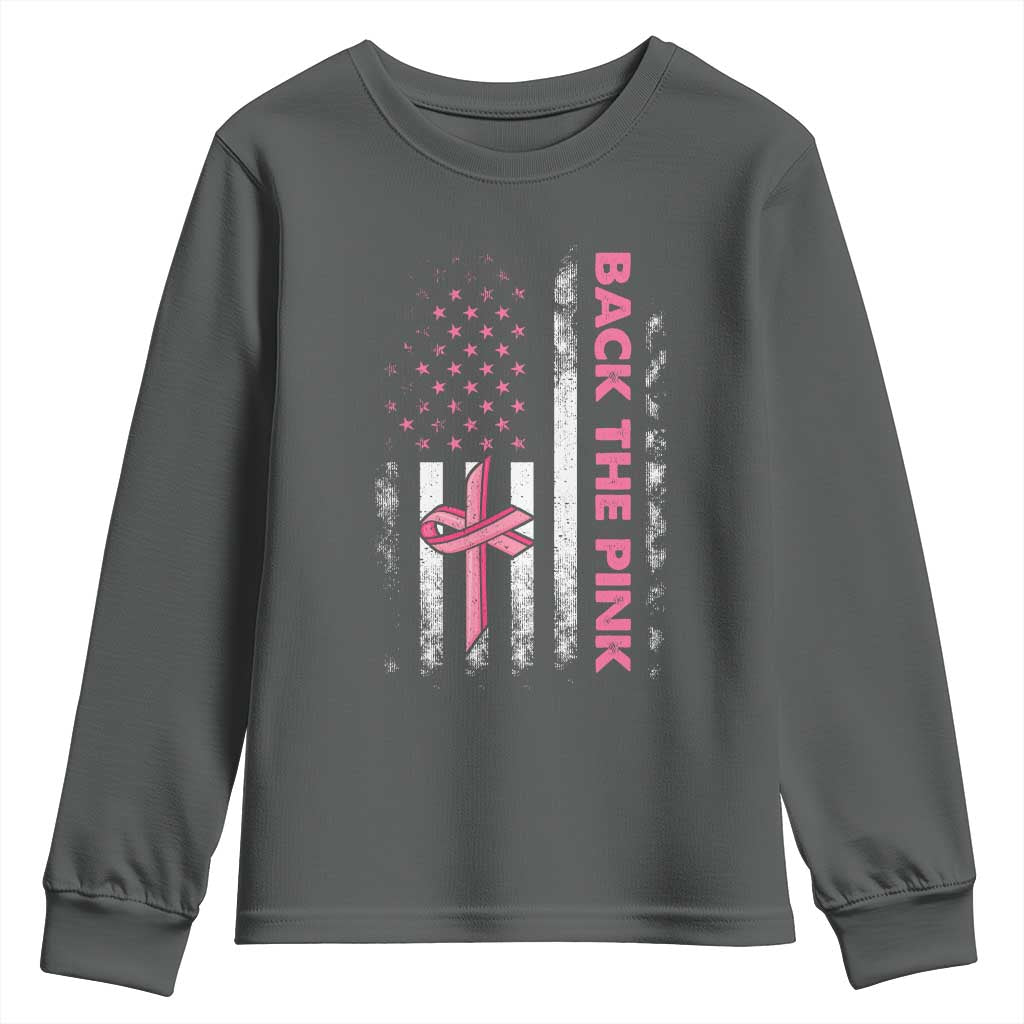 Breast Cancer Support Youth Sweatshirt Back The Pink Warrior American Flag