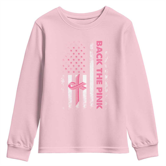 Breast Cancer Support Youth Sweatshirt Back The Pink Warrior American Flag