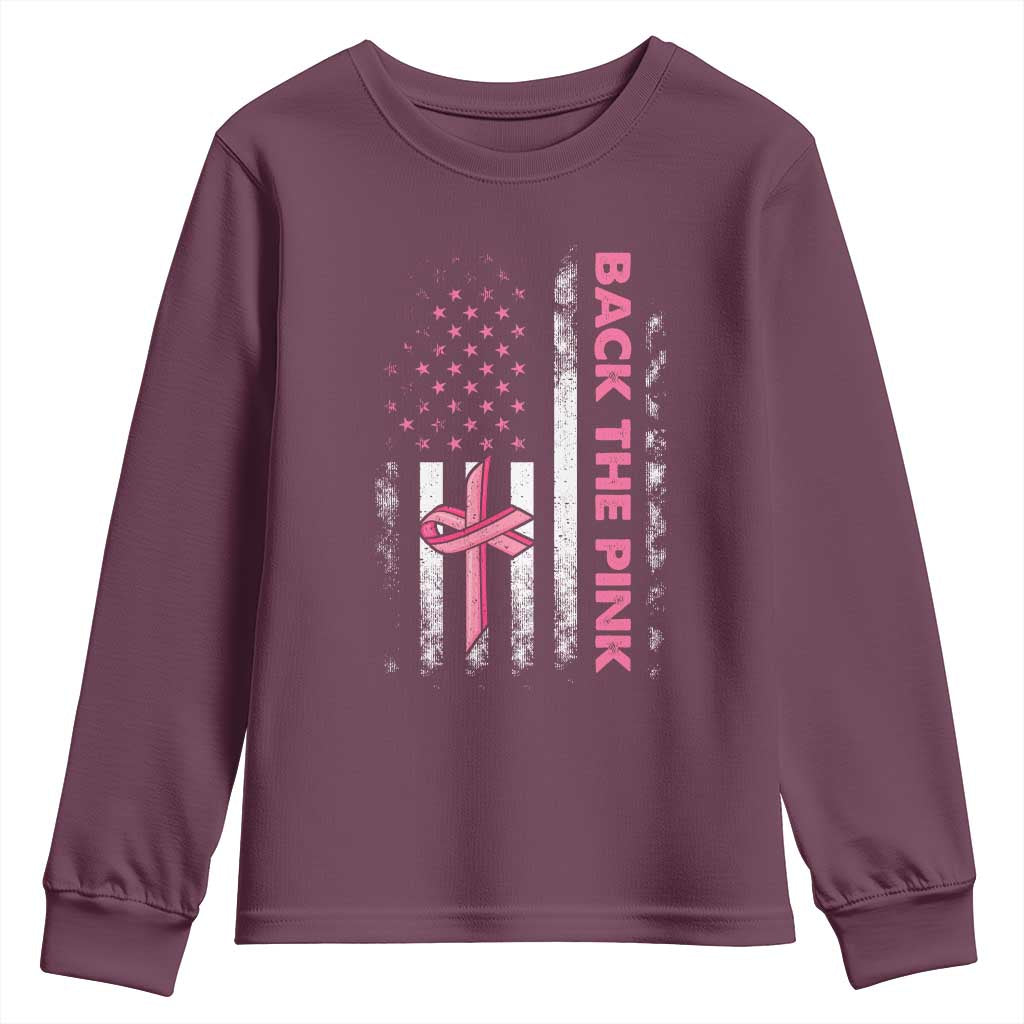 Breast Cancer Support Youth Sweatshirt Back The Pink Warrior American Flag