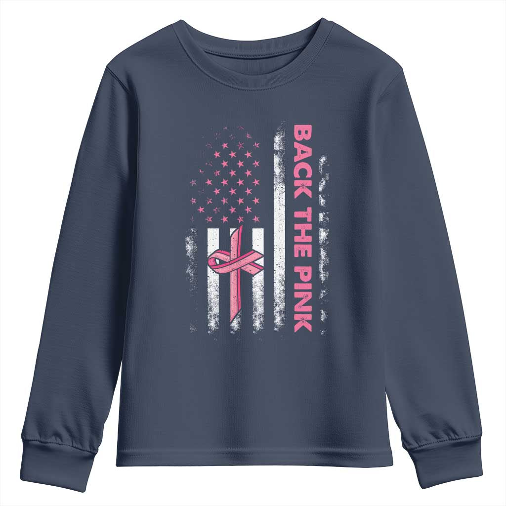 Breast Cancer Support Youth Sweatshirt Back The Pink Warrior American Flag