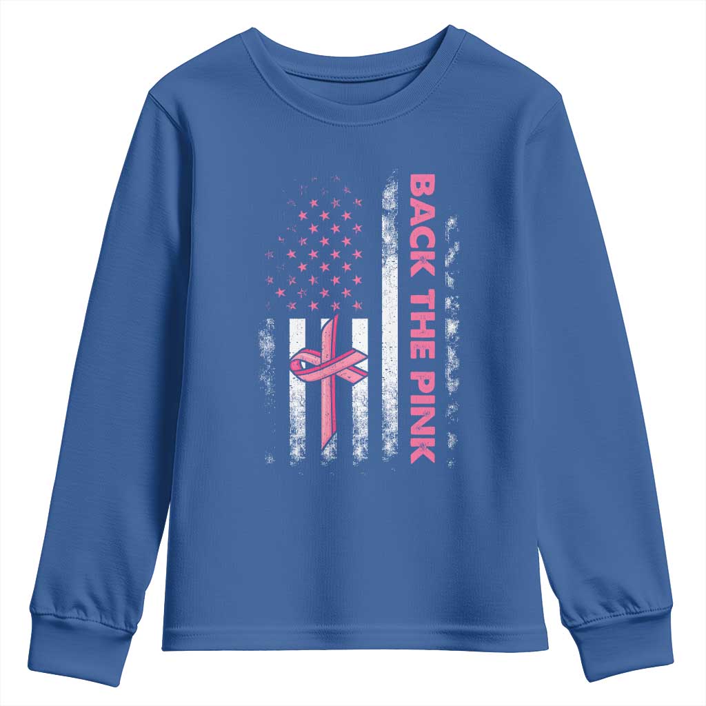 Breast Cancer Support Youth Sweatshirt Back The Pink Warrior American Flag