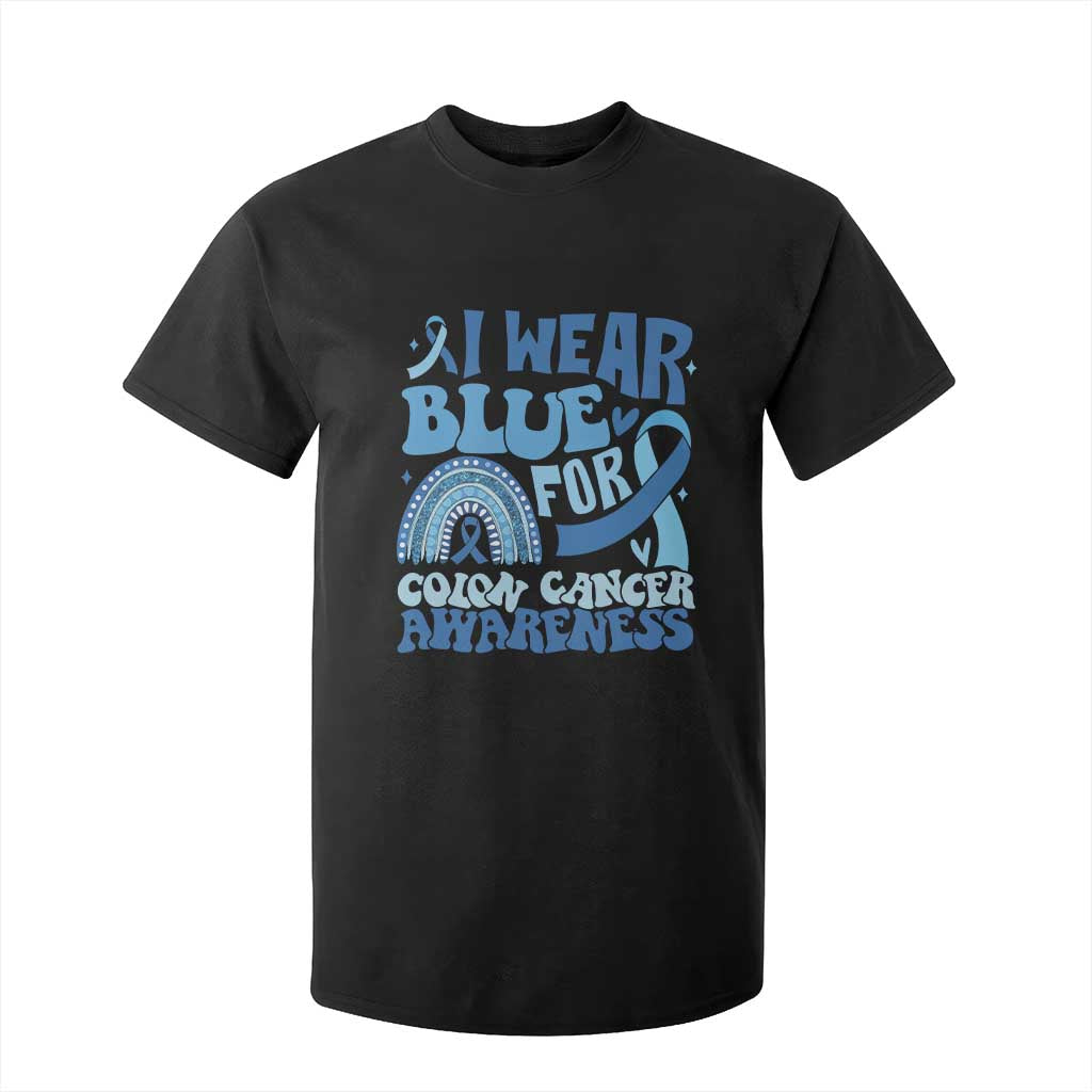 I Wear Blue For Colon Cancer Support T Shirt For Kid Rainbow Dark Blue Ribbon