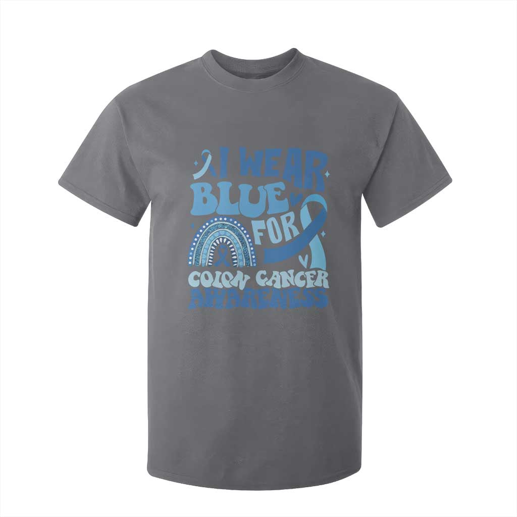 I Wear Blue For Colon Cancer Support T Shirt For Kid Rainbow Dark Blue Ribbon
