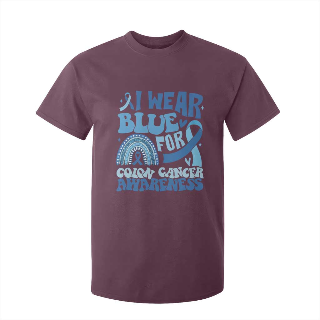 I Wear Blue For Colon Cancer Support T Shirt For Kid Rainbow Dark Blue Ribbon