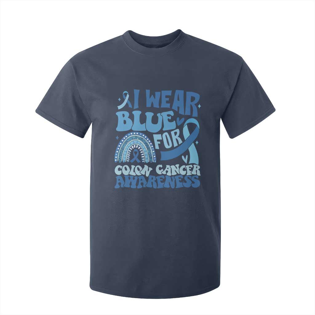 I Wear Blue For Colon Cancer Support T Shirt For Kid Rainbow Dark Blue Ribbon