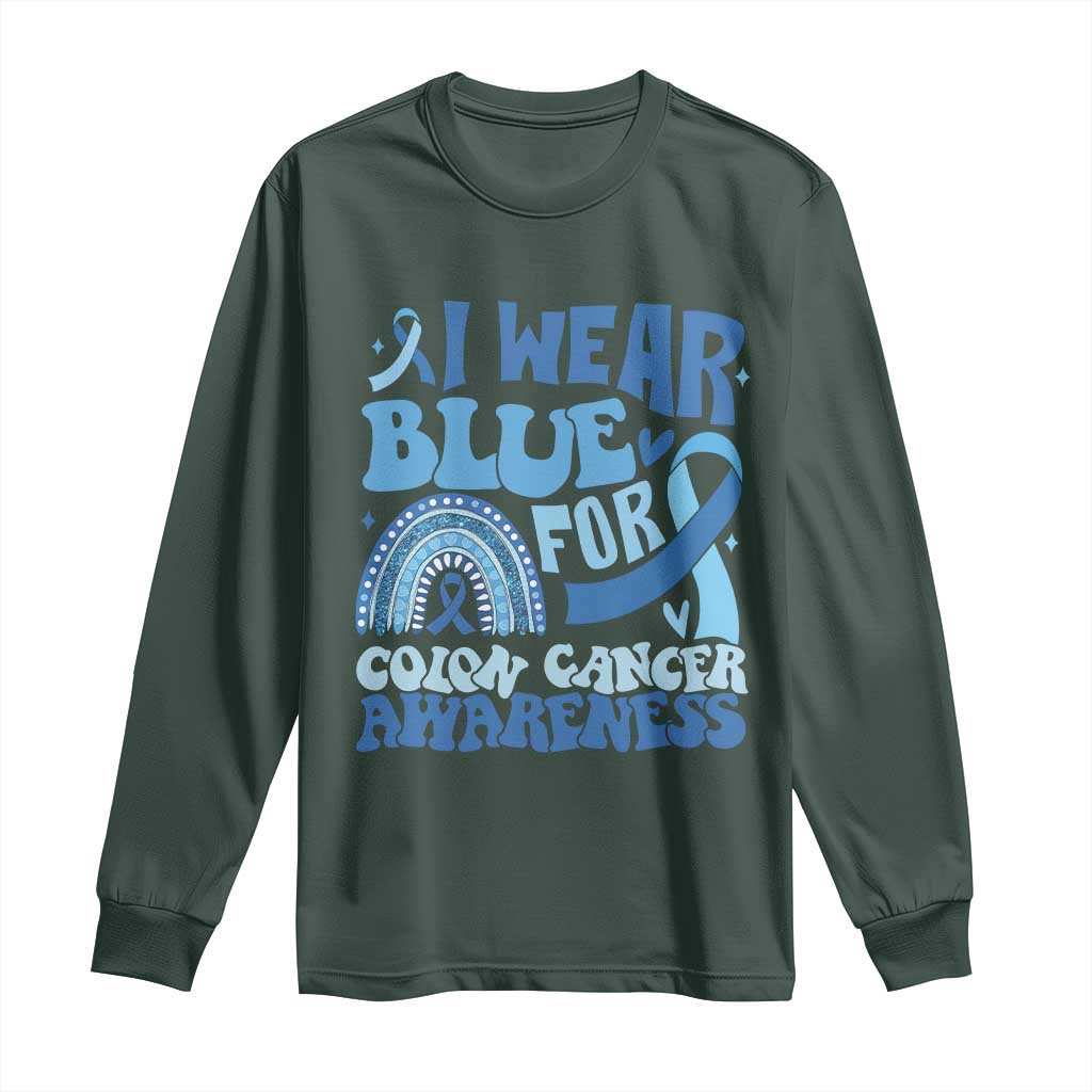 I Wear Blue For Colon Cancer Support Long Sleeve Shirt Rainbow Dark Blue Ribbon