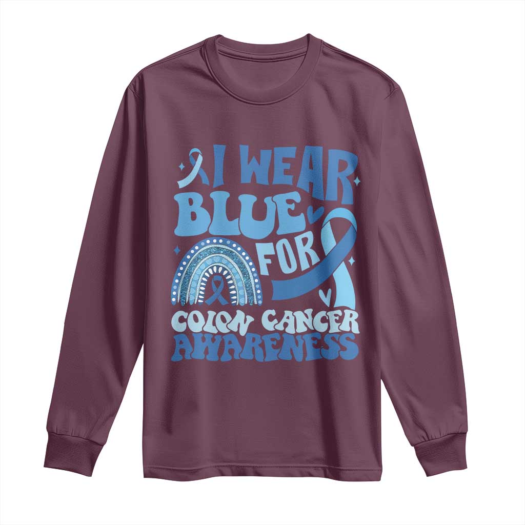 I Wear Blue For Colon Cancer Support Long Sleeve Shirt Rainbow Dark Blue Ribbon