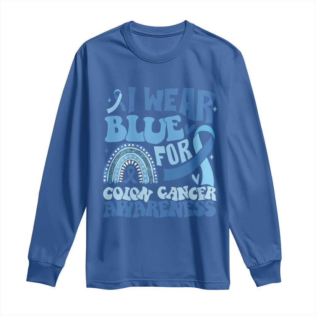 I Wear Blue For Colon Cancer Support Long Sleeve Shirt Rainbow Dark Blue Ribbon
