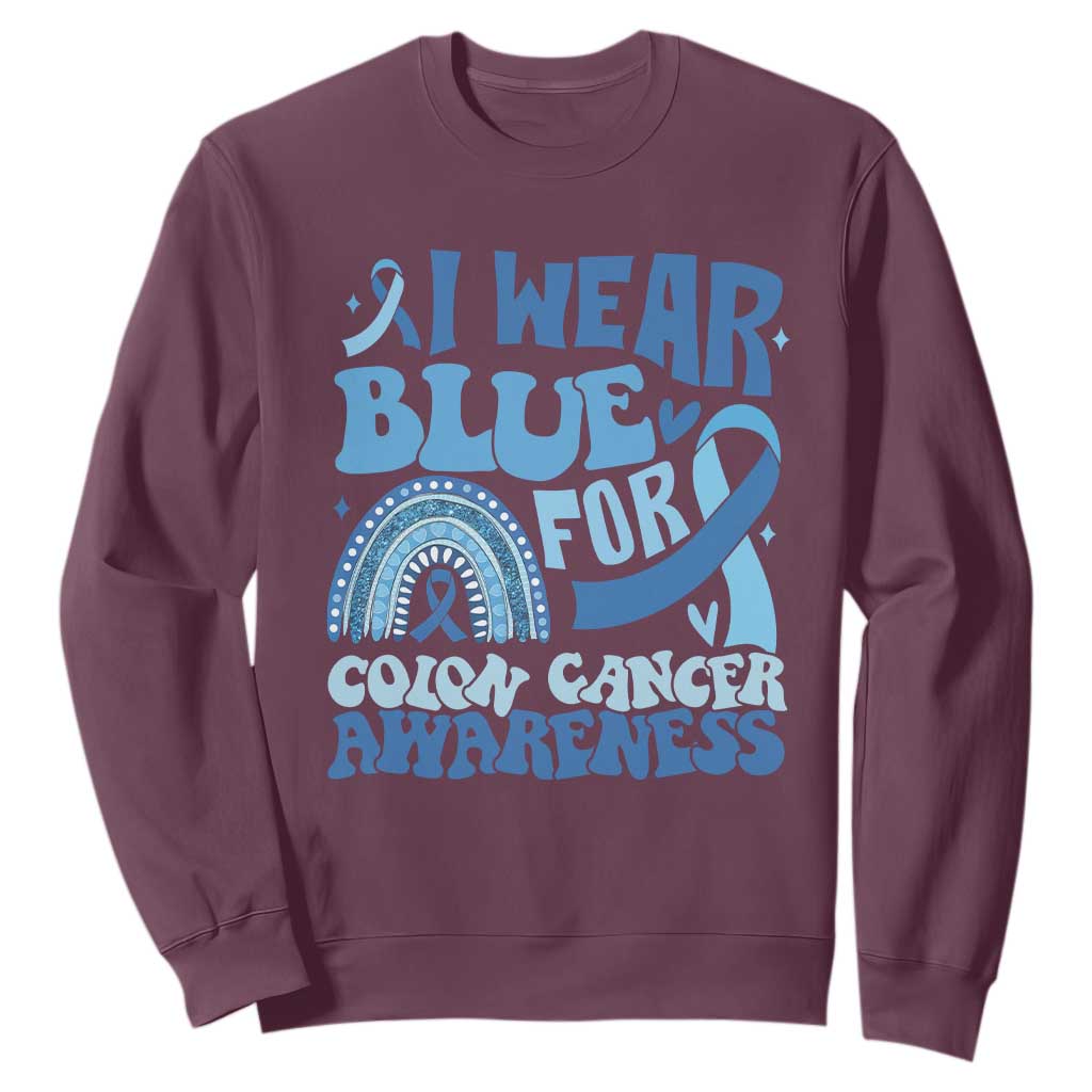 I Wear Blue For Colon Cancer Support Sweatshirt Rainbow Dark Blue Ribbon