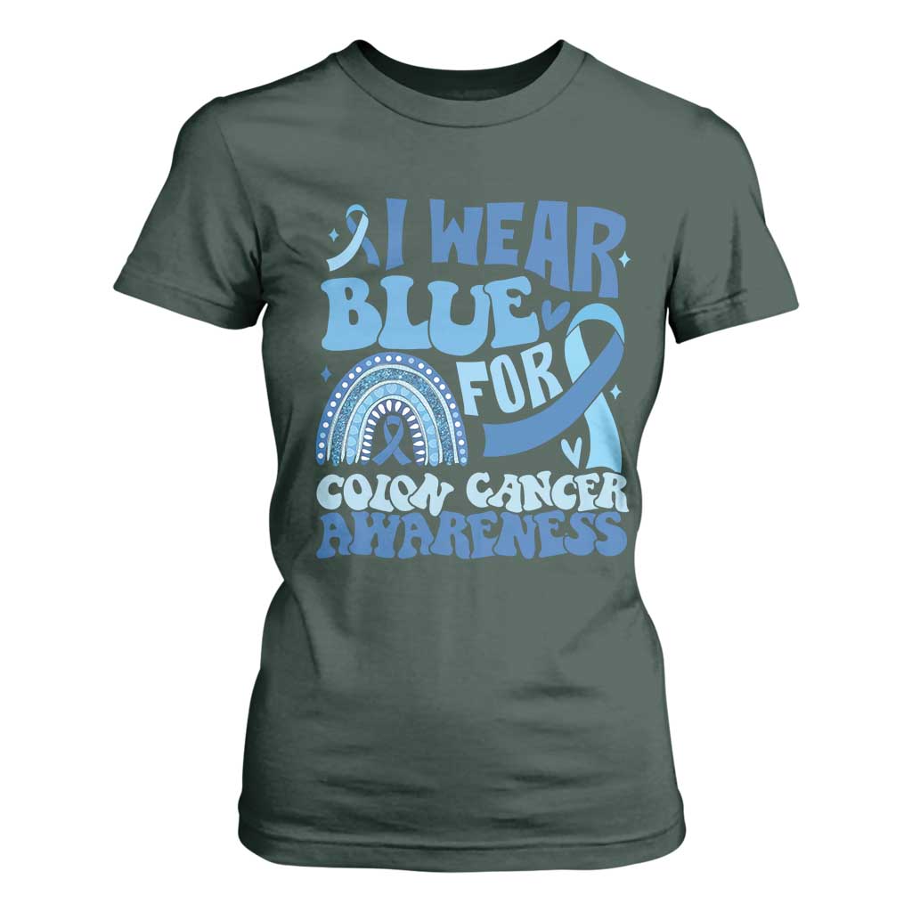 I Wear Blue For Colon Cancer Support T Shirt For Women Rainbow Dark Blue Ribbon