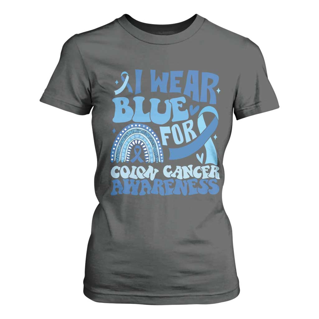 I Wear Blue For Colon Cancer Support T Shirt For Women Rainbow Dark Blue Ribbon