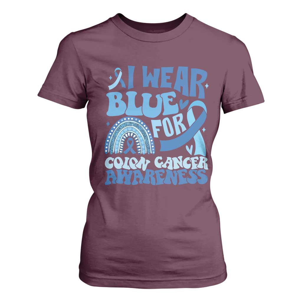 I Wear Blue For Colon Cancer Support T Shirt For Women Rainbow Dark Blue Ribbon