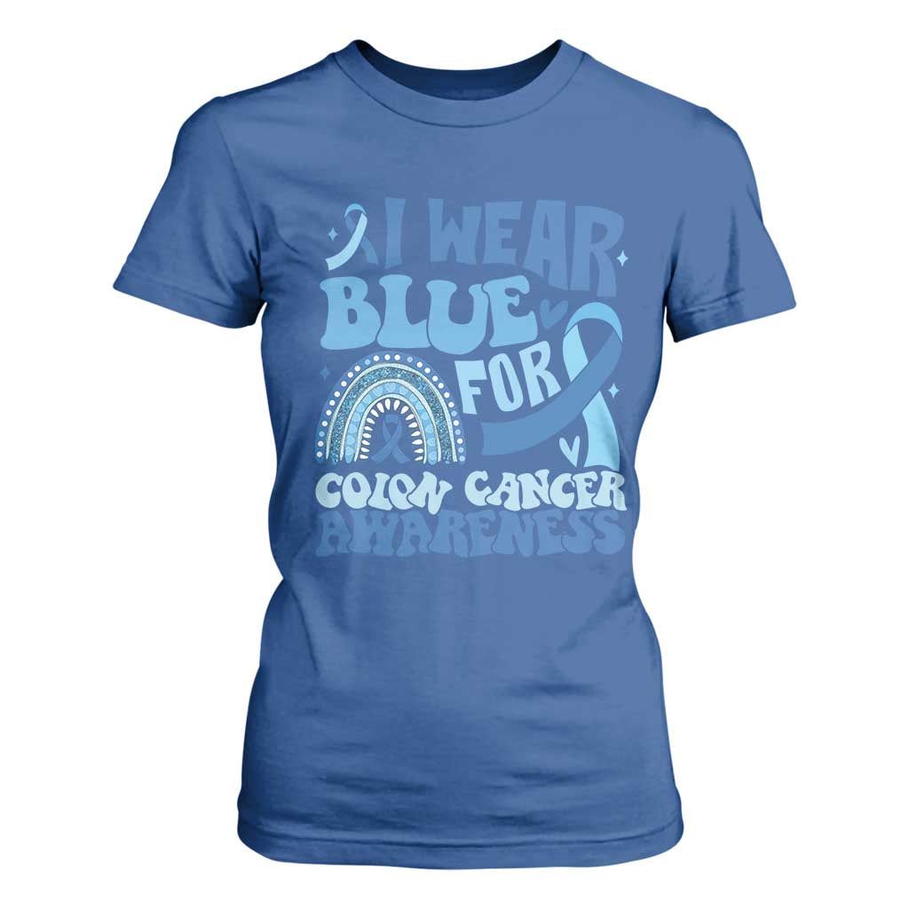 I Wear Blue For Colon Cancer Support T Shirt For Women Rainbow Dark Blue Ribbon