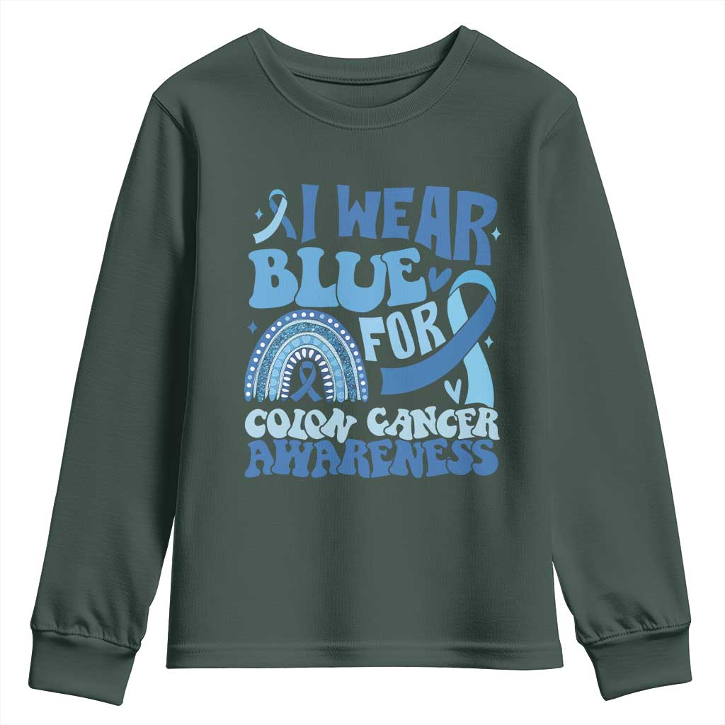 I Wear Blue For Colon Cancer Support Youth Sweatshirt Rainbow Dark Blue Ribbon