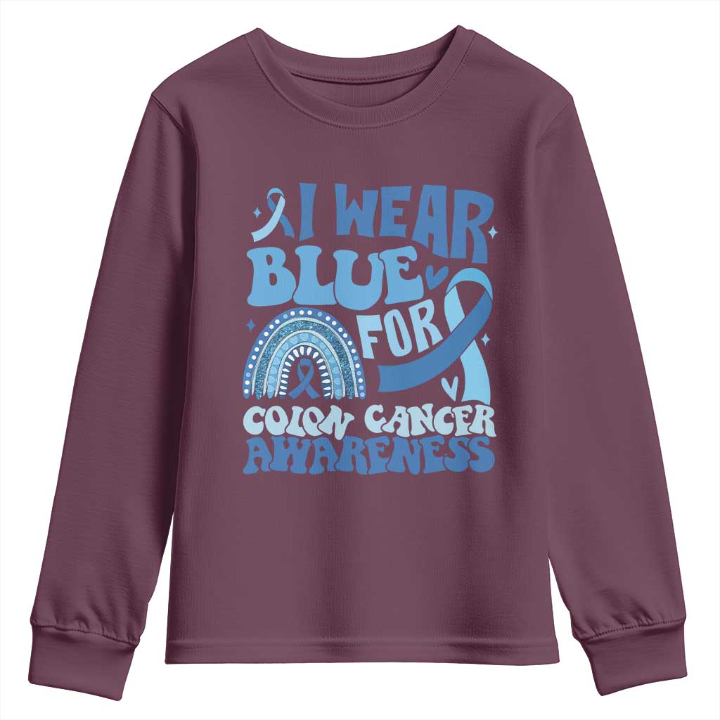 I Wear Blue For Colon Cancer Support Youth Sweatshirt Rainbow Dark Blue Ribbon
