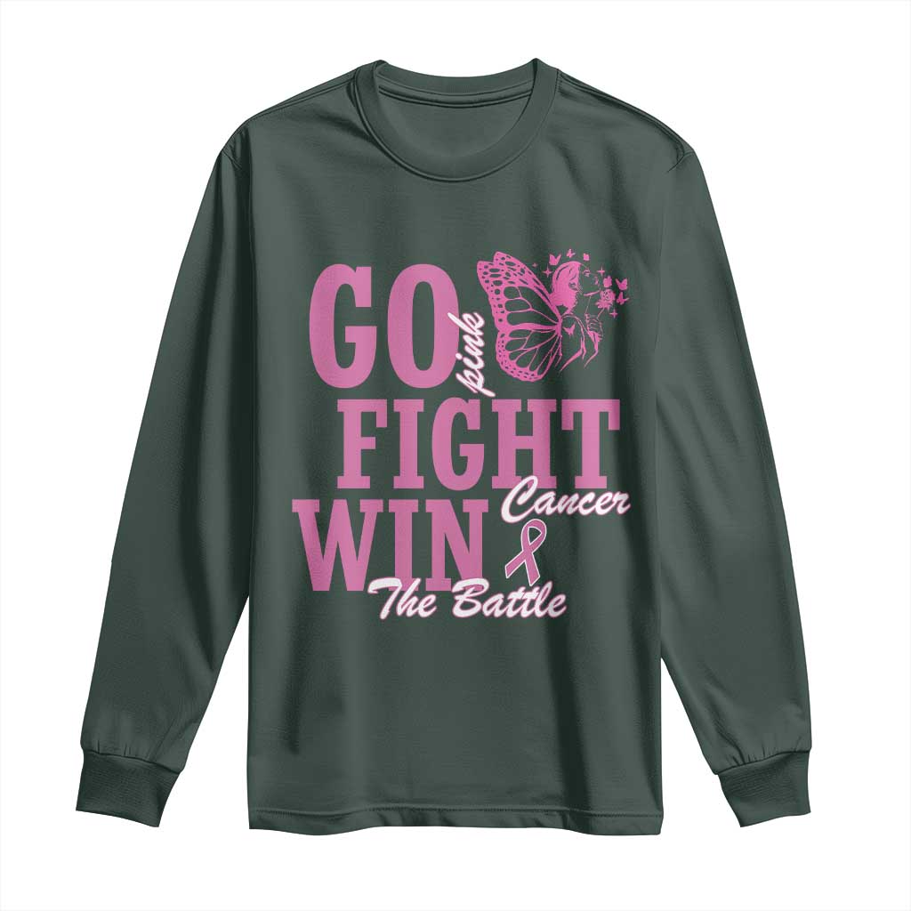 Breast Cancer Support Long Sleeve Shirt Go Pink Fight Cancer Win The Battle Pink Ribbon Butterfly