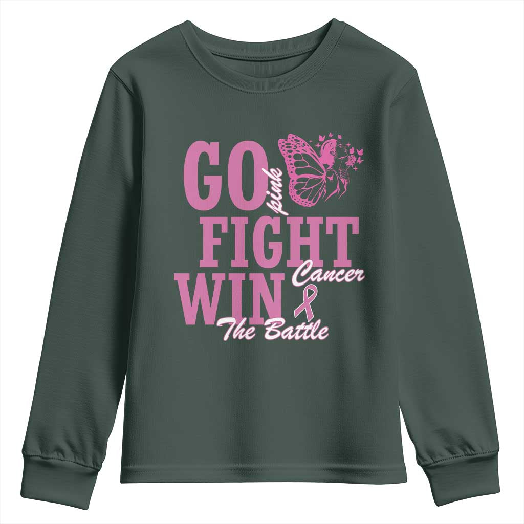 Breast Cancer Support Youth Sweatshirt Go Pink Fight Cancer Win The Battle Pink Ribbon Butterfly