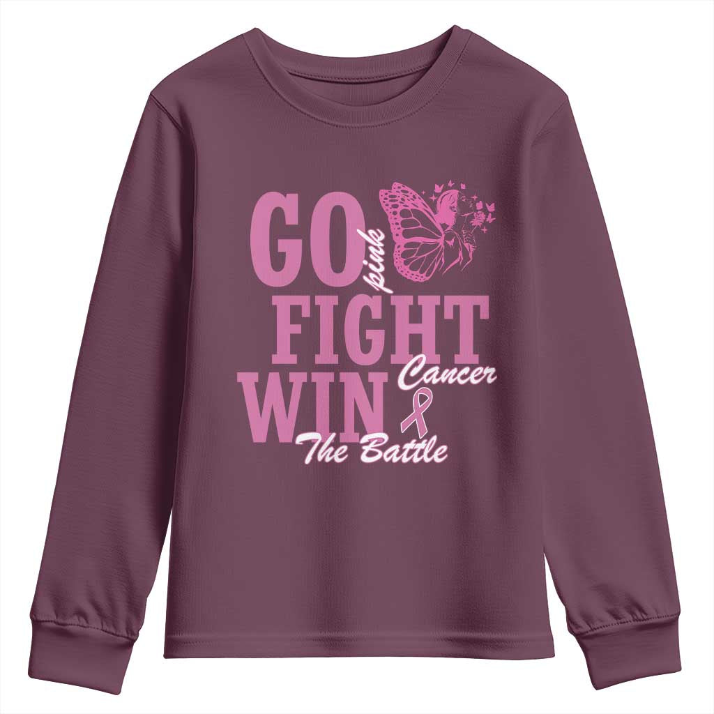 Breast Cancer Support Youth Sweatshirt Go Pink Fight Cancer Win The Battle Pink Ribbon Butterfly
